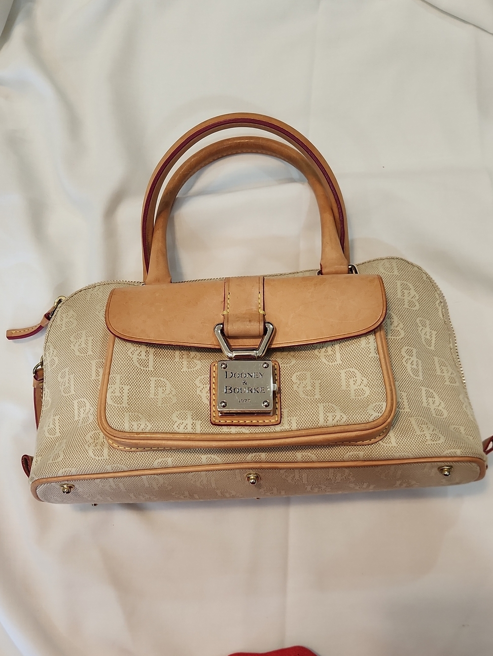 Dooney & Bourke Cream and Tan Signature Logo Satchel with Leather Trim